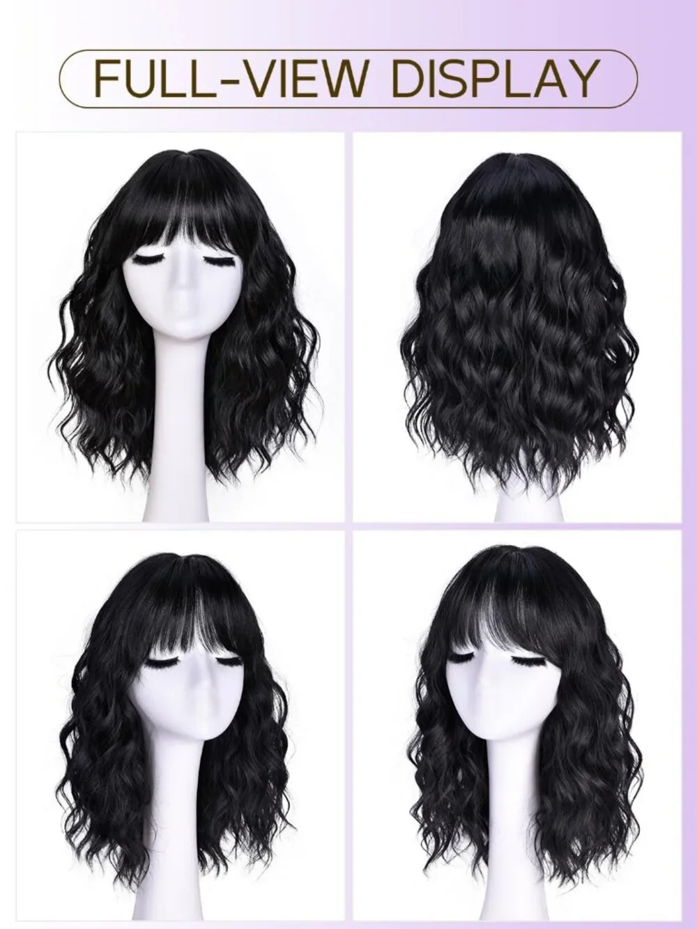Women's Black 14 Inch Natural Synthetic Short Curly Wavy Fiber Wigs